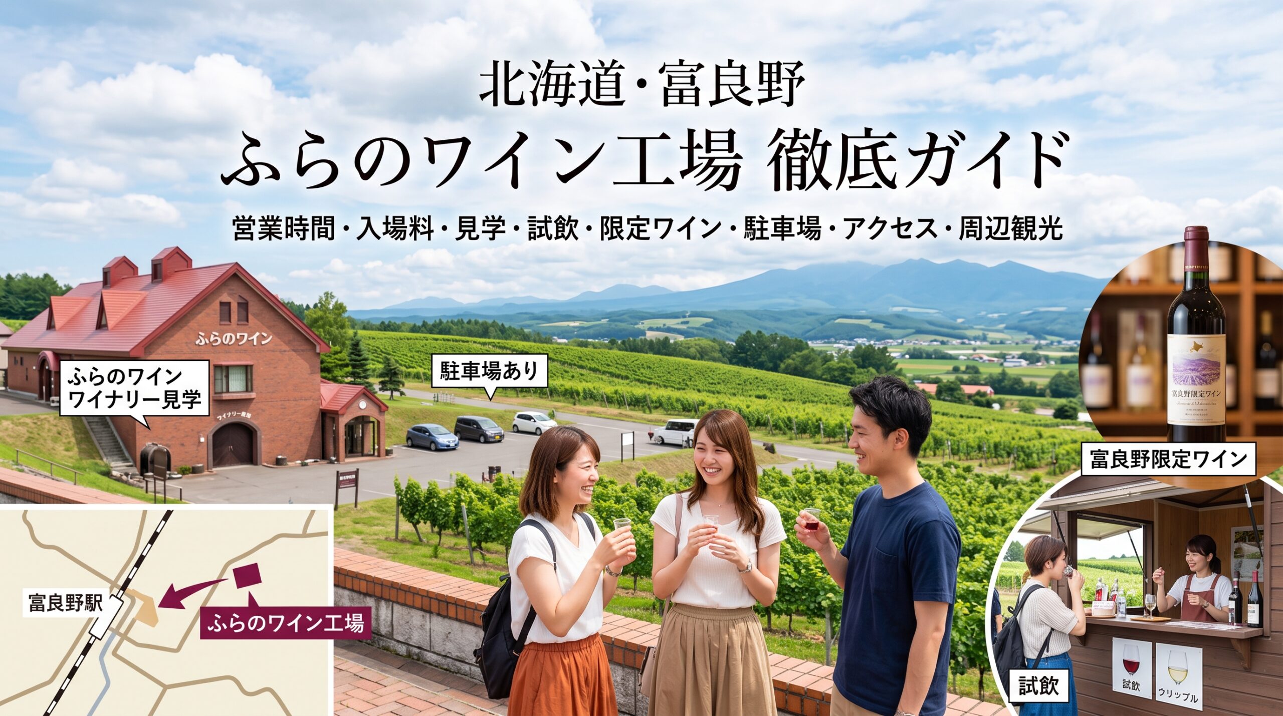ふらのワイン工場の見学、試飲、工場限定ワイン、駐車場、富良野駅からのアクセスを紹介するアイキャッチ画像