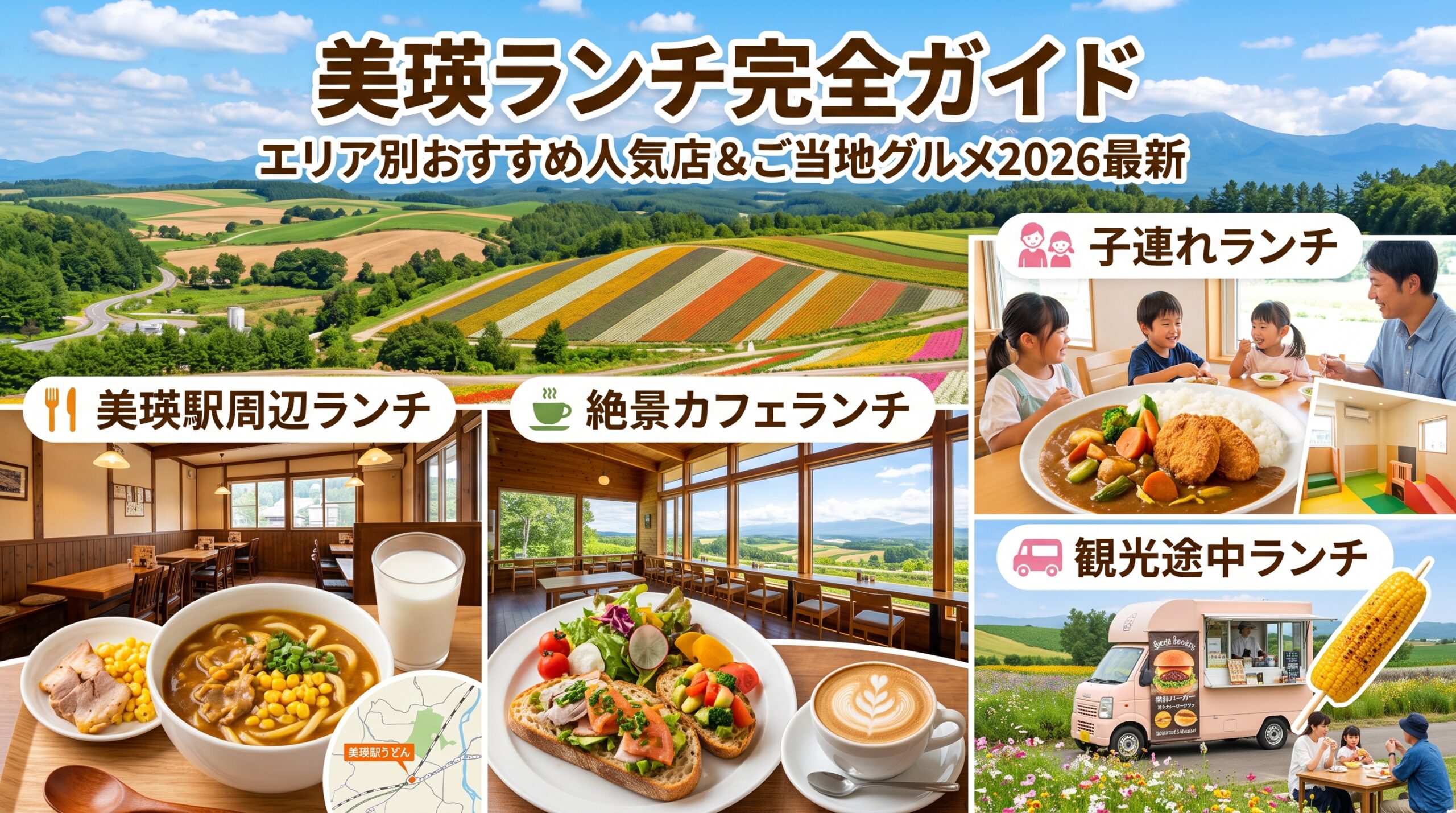 美瑛ランチのおすすめ人気店やご当地グルメ、子連れランチ、カフェを紹介するアイキャッチ画像