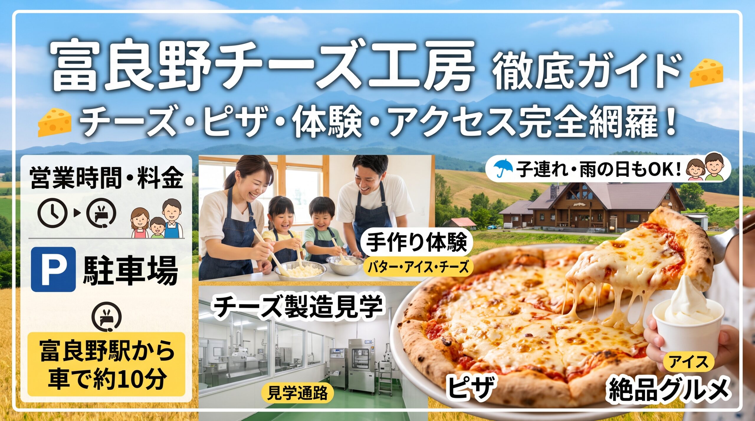 富良野チーズ工房のチーズ製造見学、手作り体験、ピザ、アイス、駐車場、アクセスを紹介するアイキャッチ画像